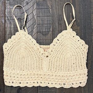 BOG Collective Natural Crocheted Crop Top Sleeveless Lined Adjustable Straps S
